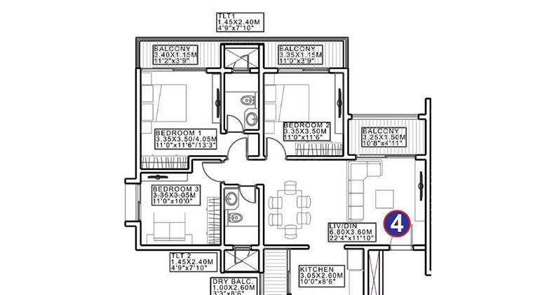 3 BHK Opulent Floor Plan